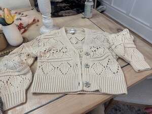 Industry Ecru Chunky Pointelle Knit Cardigan with Rhinestone Pearl Buttons